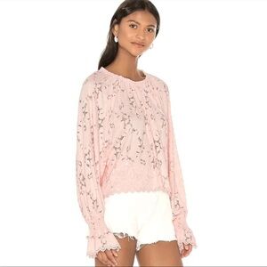 NWT Free People Peach Pink Flowy Lace Long Sleeve Revolve Coquette Barbie Top XS